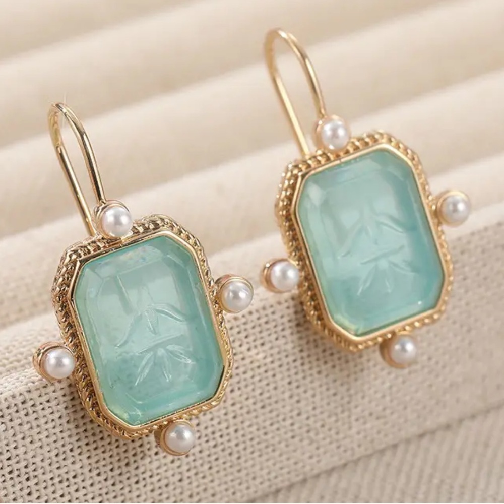 Gold and Green Carved Stone Earrings with Pearl Accents